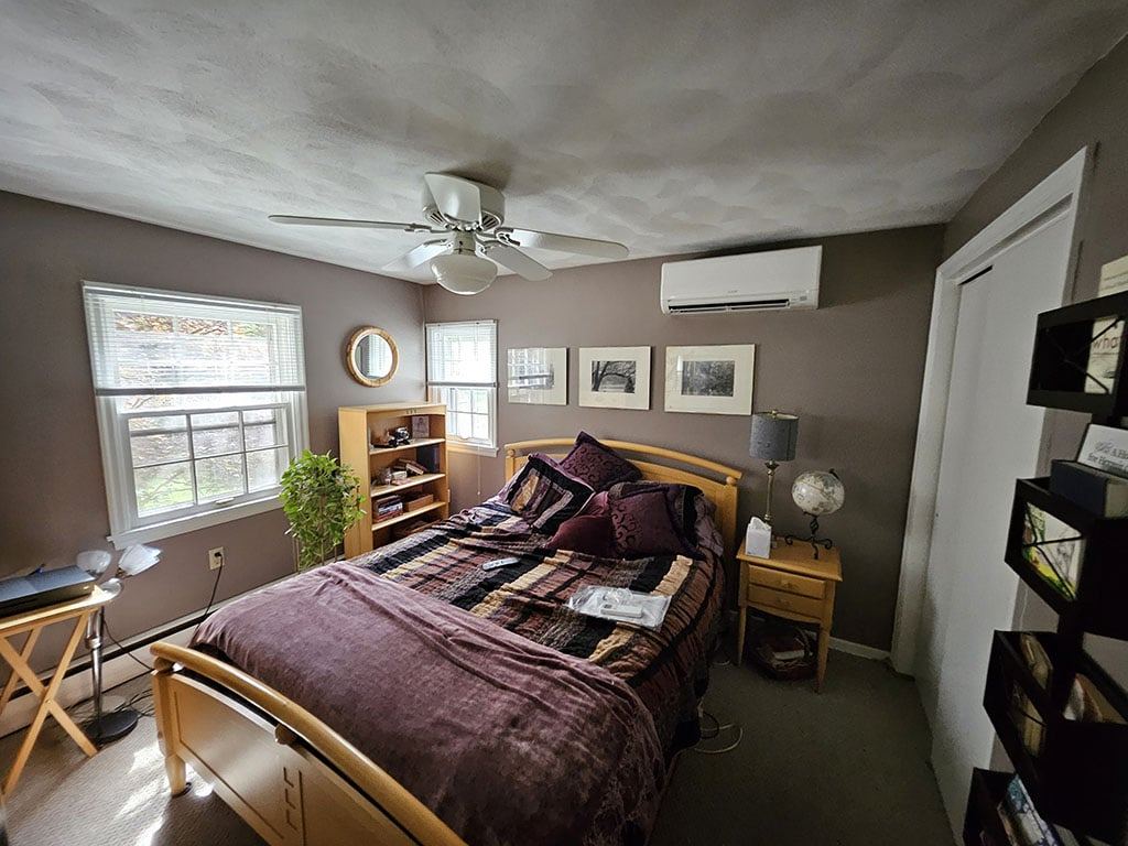 Mounted ductless mini split in bedroom of Kingston, PA, home.