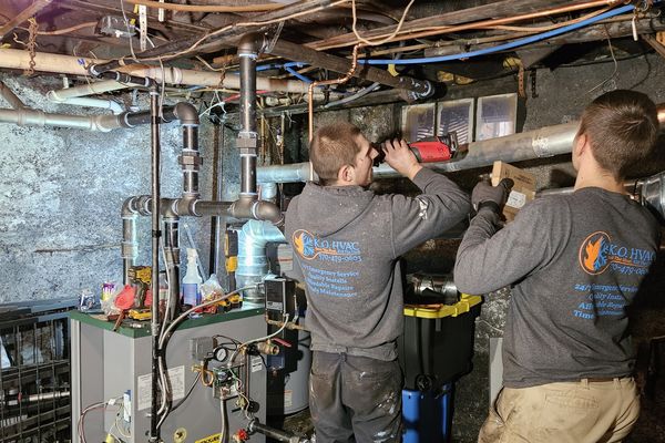 Two KO HVAC technicians in company shirts working in a boiler room